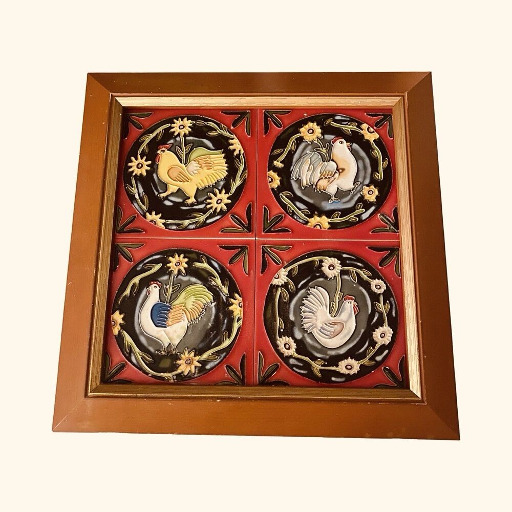 Vintage Rooster Tiles In Wood Frame Set Of 4 Ceramic Tiles